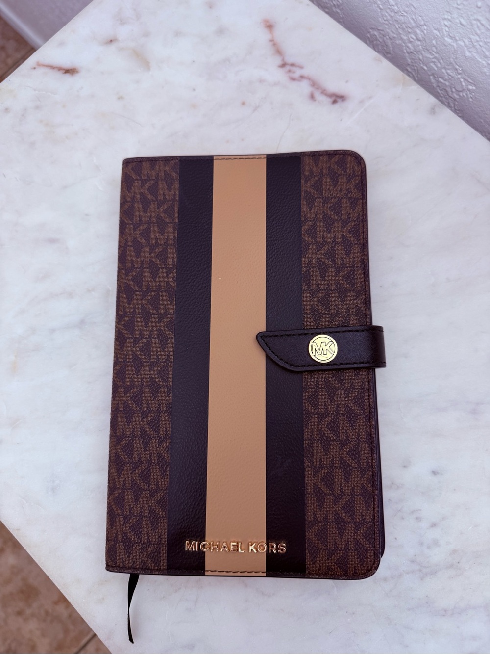 Michael Kors Brown and Tan Signature Stripe Passport Wallet